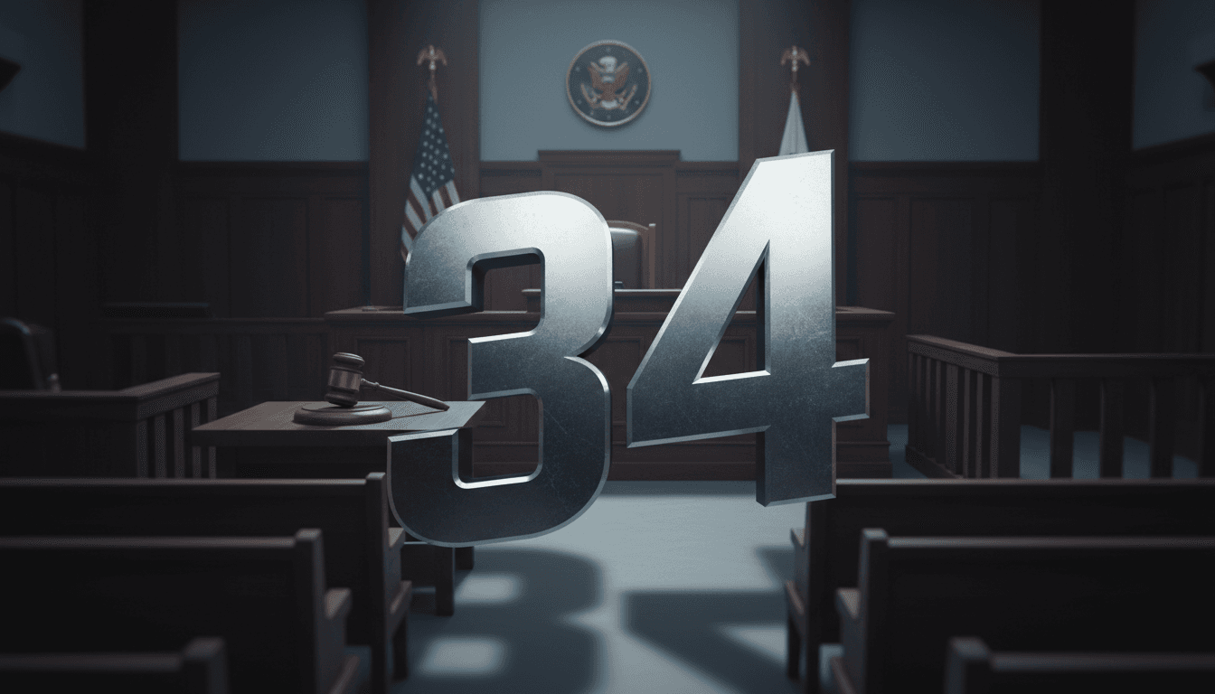 A courtroom scene with a focus on legal documents, highlighting Trump's hush-money case and the number 34.
