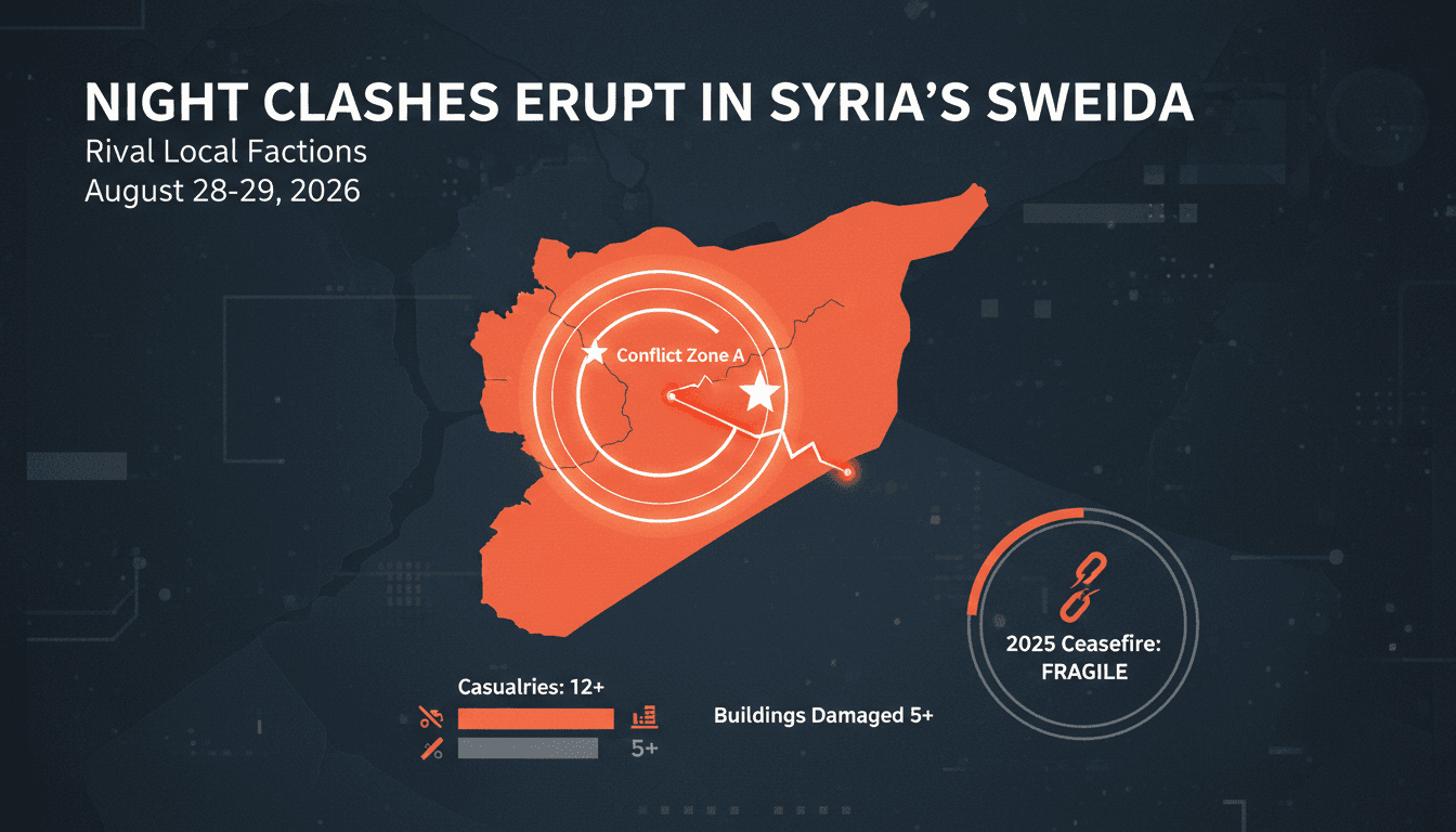 Map of Sweida city showing conflict areas and statistics on recent clashes.