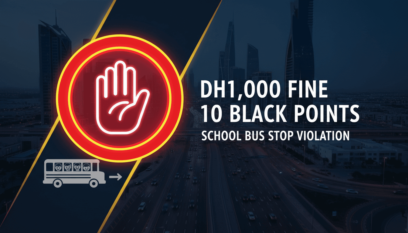 Infographic showing UAE traffic law penalties for failing to stop at school bus stop signs, highlighting child safety measures.