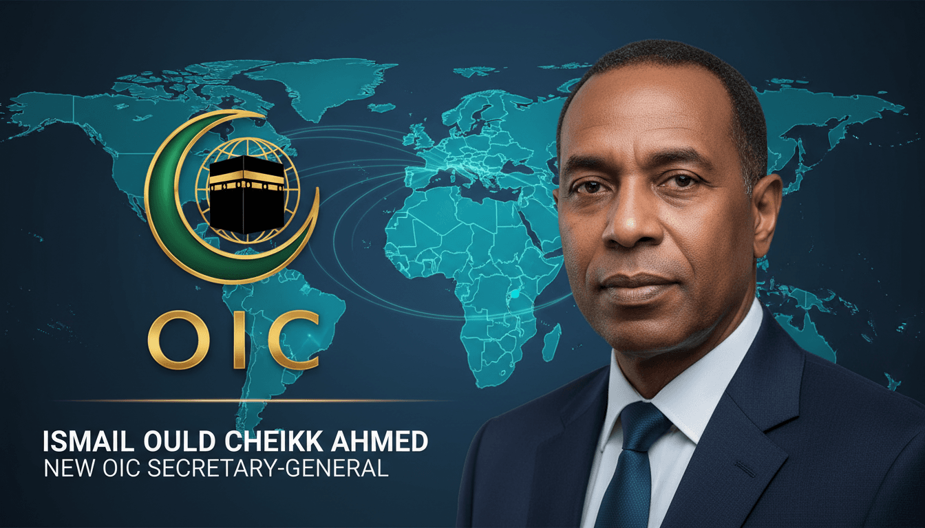 Ismail Ould Cheikh Ahmed elected as OIC Secretary-General, with a map of member states.