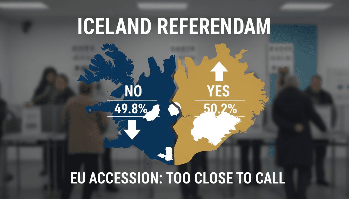 A graphic illustrating the voter turnout and split opinions on Iceland's EU accession referendum.