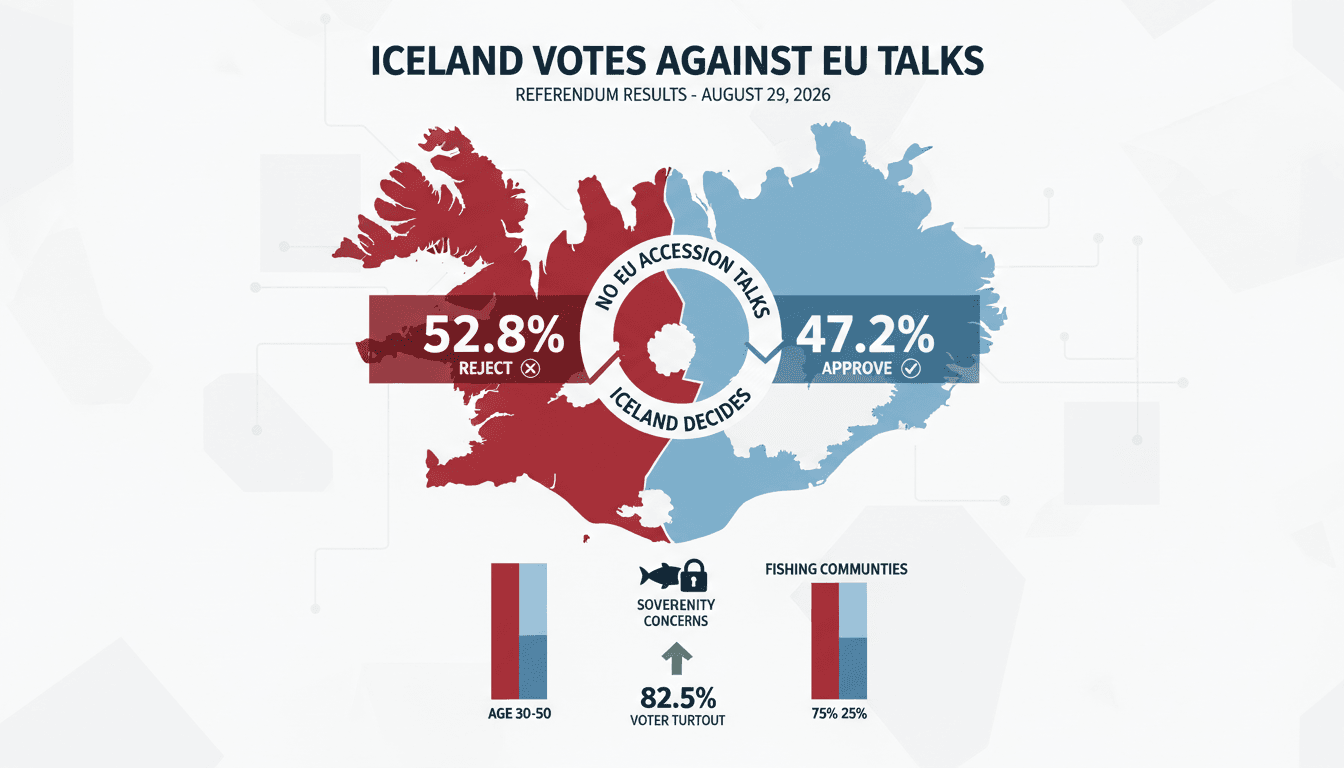 A graphic illustrating Iceland's referendum results on EU accession negotiations, highlighting voter turnout and key issues.
