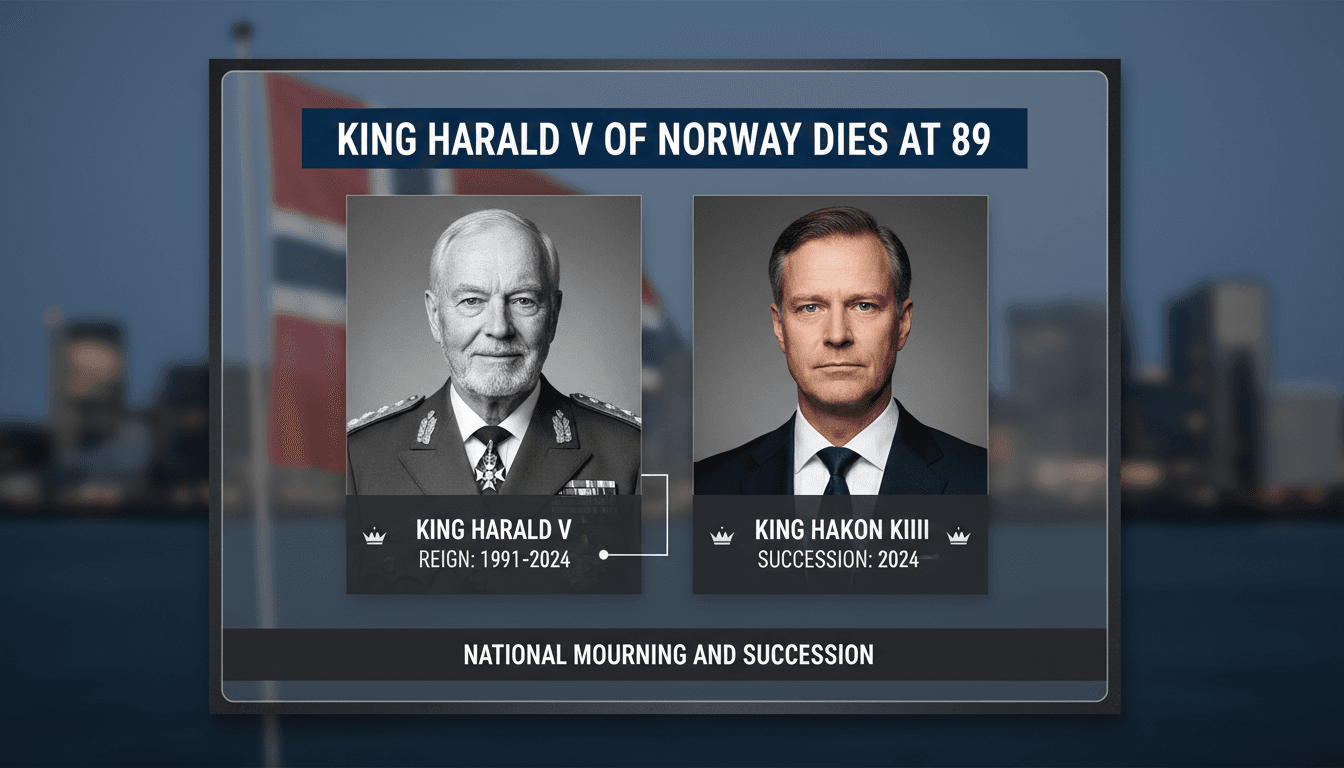 A portrait of King Harald V with a timeline of his reign and the transition to King Haakon VIII.