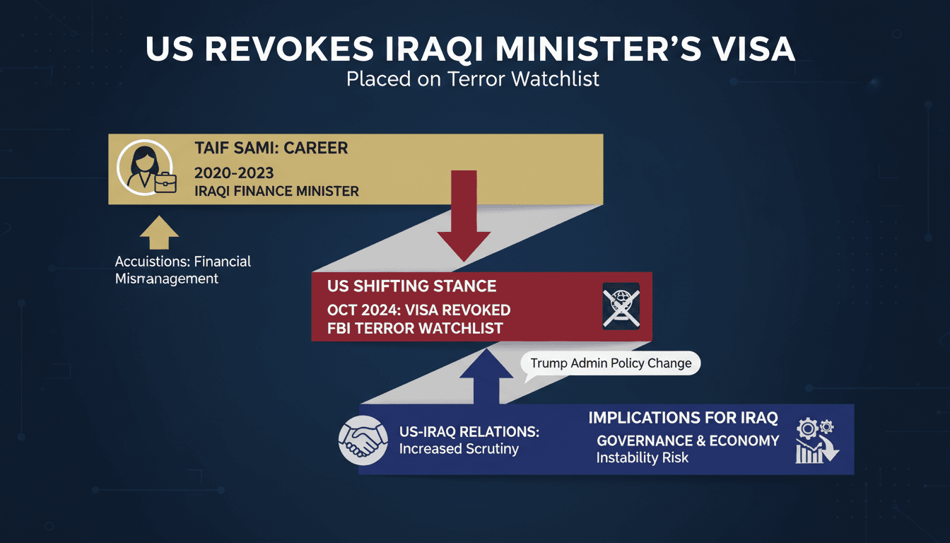 Infographic showing Taif Sami's career timeline and the implications of her visa revocation on US-Iraq relations.