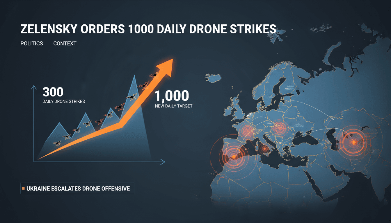 Infographic illustrating Ukraine's target of 1,000 daily drone strikes against Russia, highlighting military escalation.