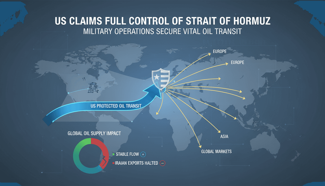 Infographic showing oil flow through the Strait of Hormuz under US protection, highlighting global market impacts.