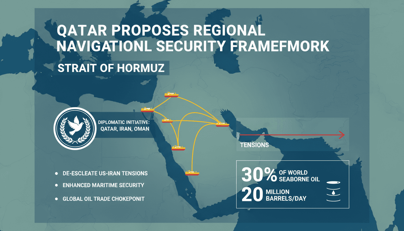 Infographic illustrating Qatar's initiative for navigation security in the Strait of Hormuz, highlighting oil trade statistics.