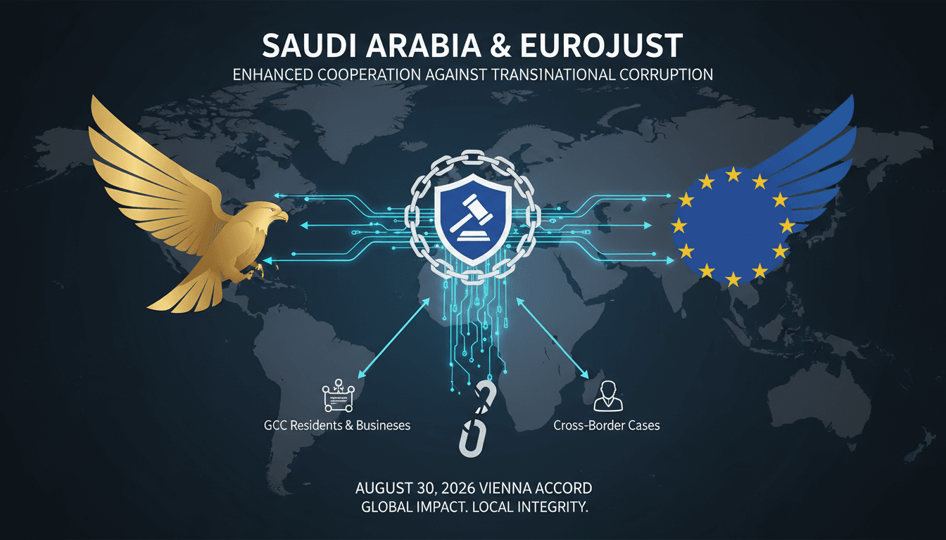 A meeting between Saudi Nazaha and Eurojust leaders discussing anti-corruption cooperation.