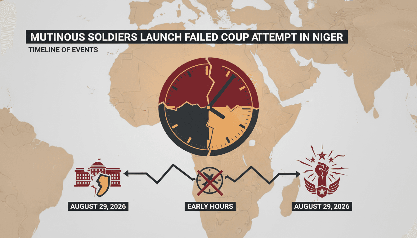 Soldiers attacking the presidential palace in Niger during a coup attempt, highlighting ongoing instability in the region.