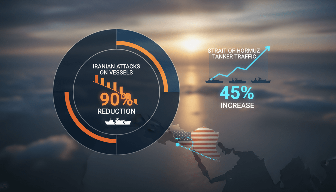 Infographic showing the percentage of vessels affected by Iranian attacks and projected tanker traffic in the Strait of Hormuz.