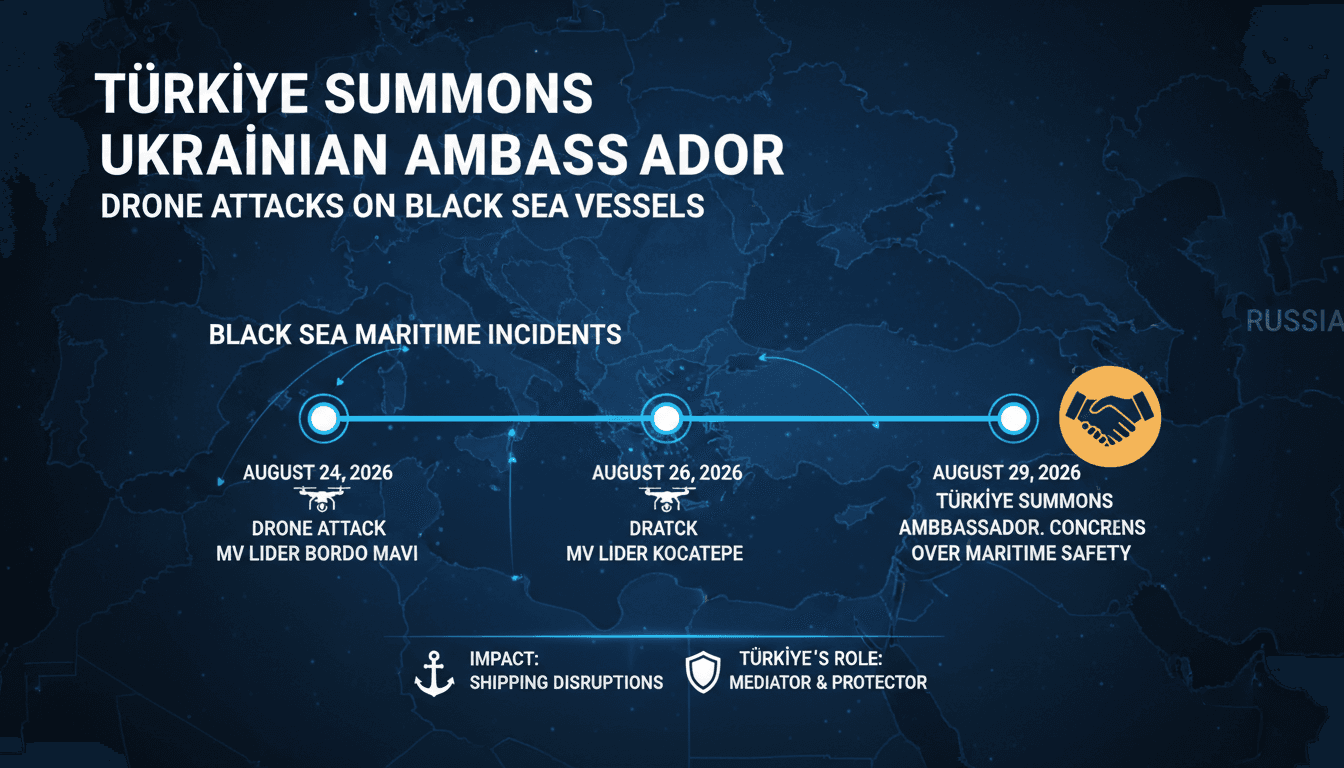 A map highlighting the Black Sea region with markers for Turkish-operated vessels and drone attack locations.