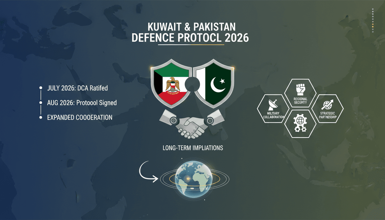 Infographic showing the Kuwait-Pakistan defence agreement details and its impact on regional security.
