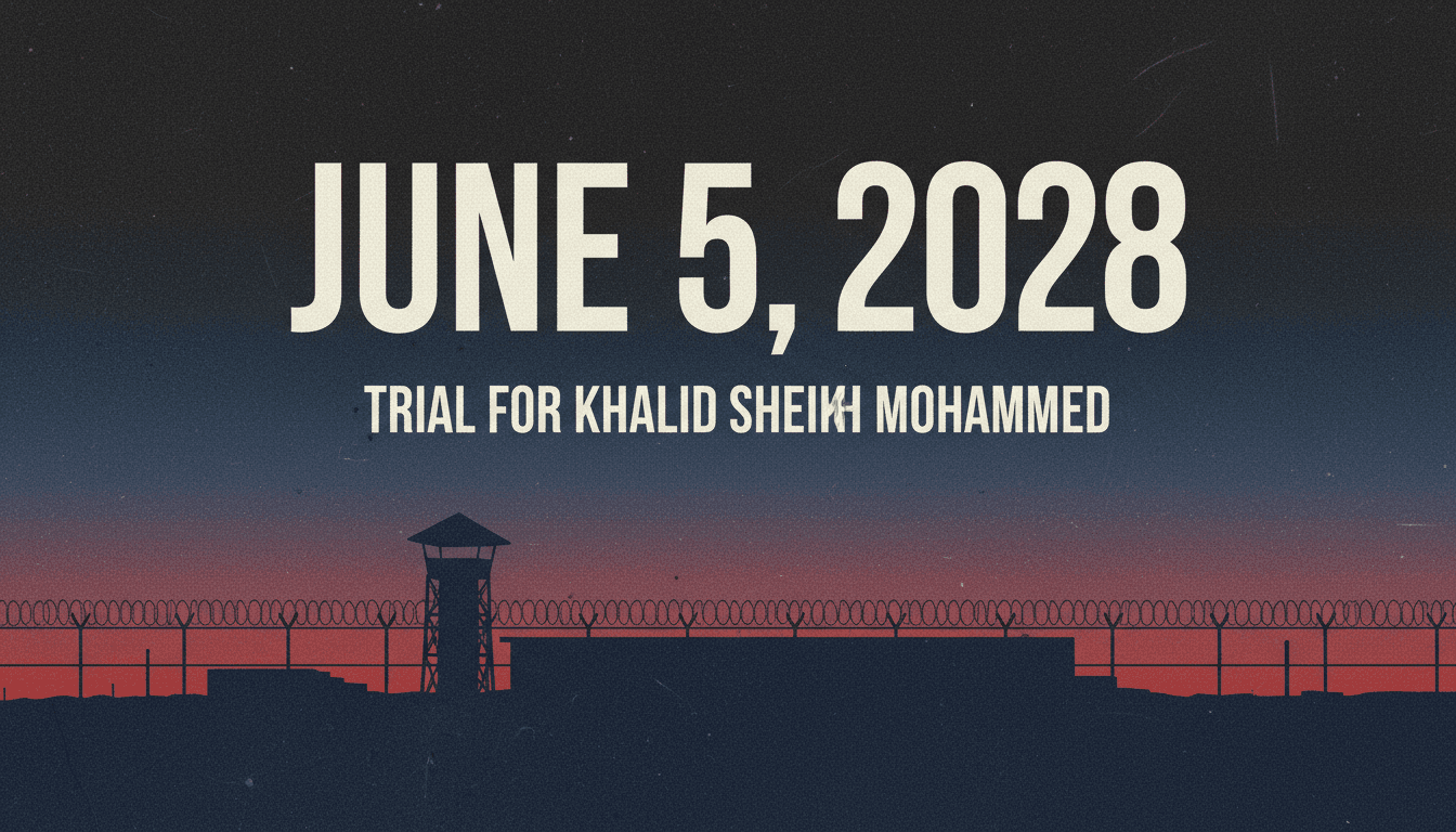 A graphic showing the trial date for Khalid Sheikh Mohammed at Guantanamo Bay, highlighting the significance of the 9/11 attacks.