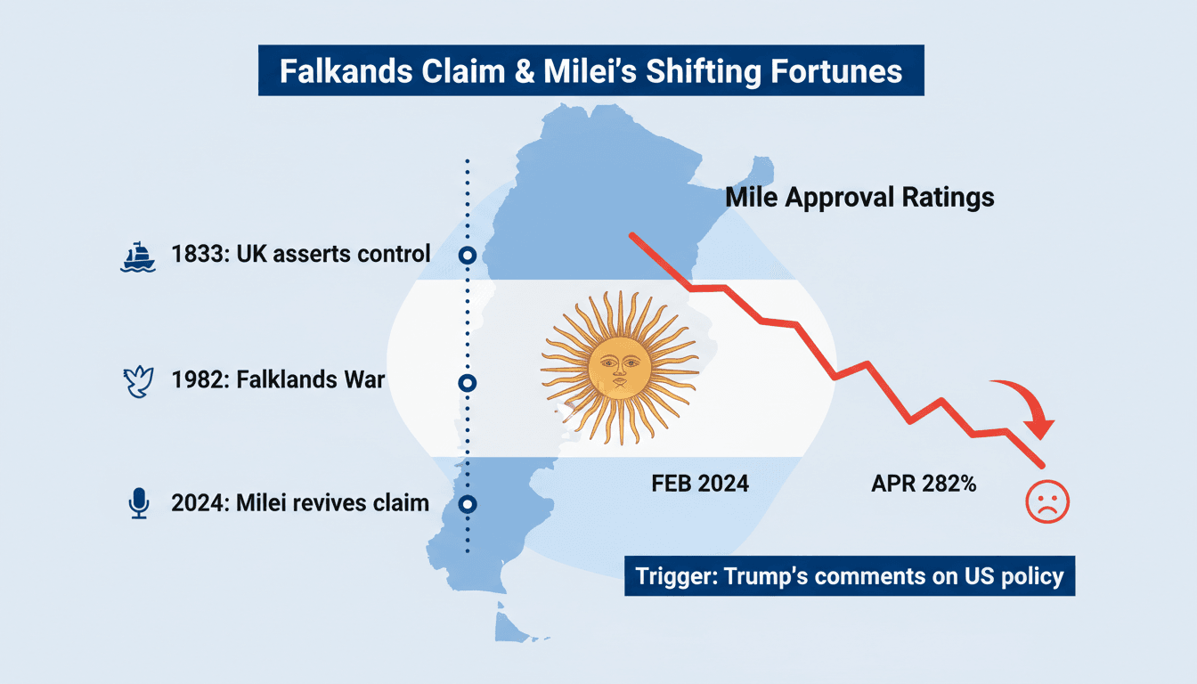 A map highlighting the Falkland Islands with Argentina's flag and Javier Milei's image, emphasizing the sovereignty claim.