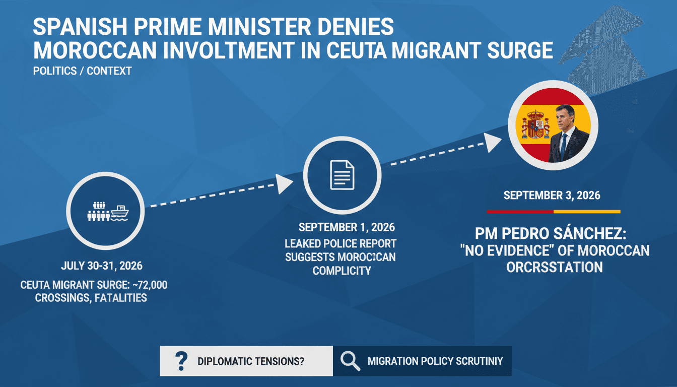 Infographic detailing the timeline and key events of the Ceuta migrant surge and Spanish PM Sánchez's statements.