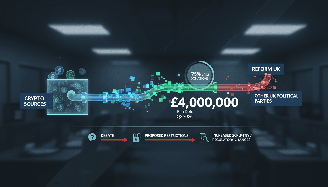 Infographic showing Ben Delo's donation to Reform UK and its implications for political funding and cryptocurrency influence.