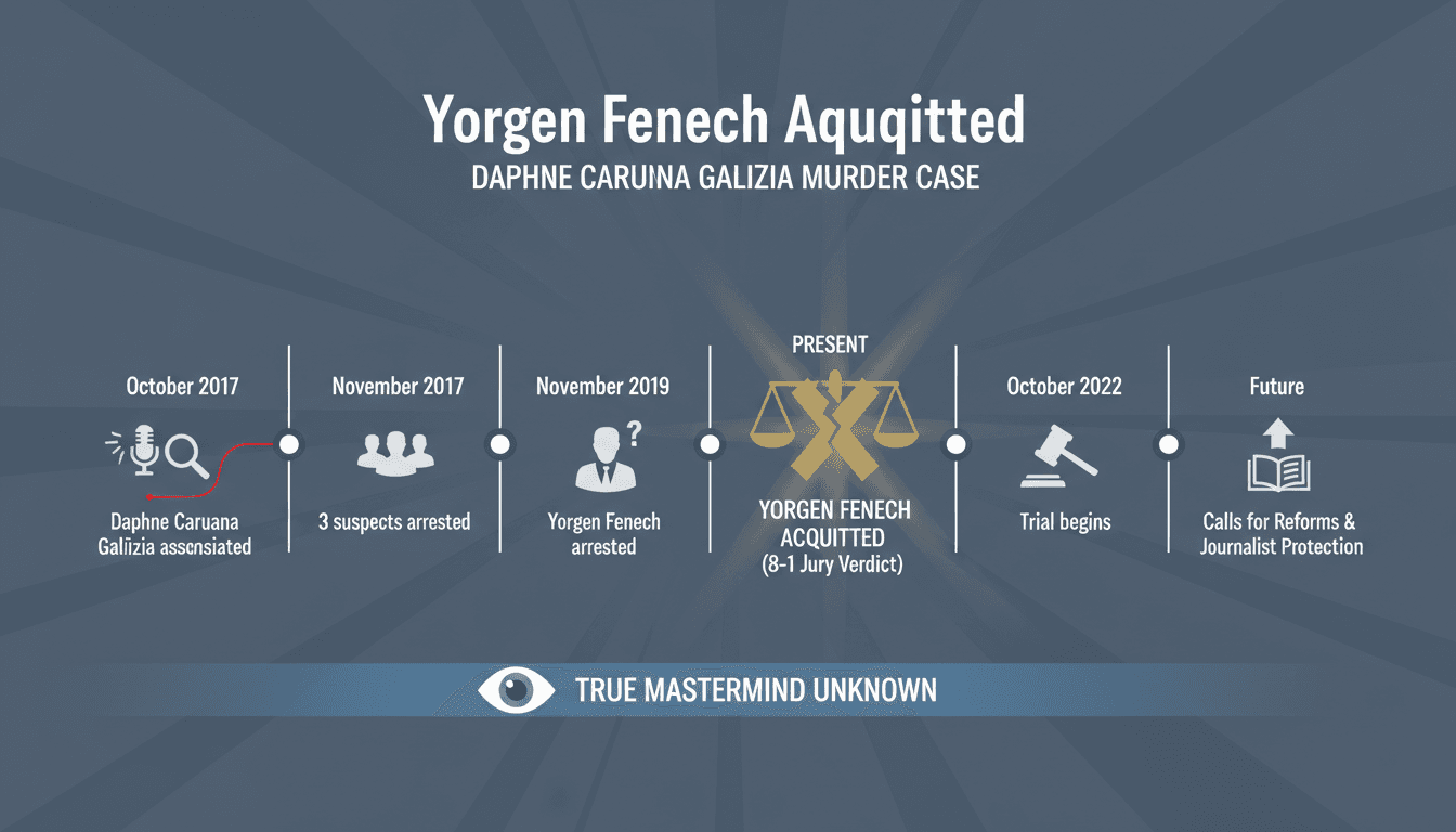 A timeline graphic illustrating the key events in the Yorgen Fenech and Daphne Caruana Galizia murder case.