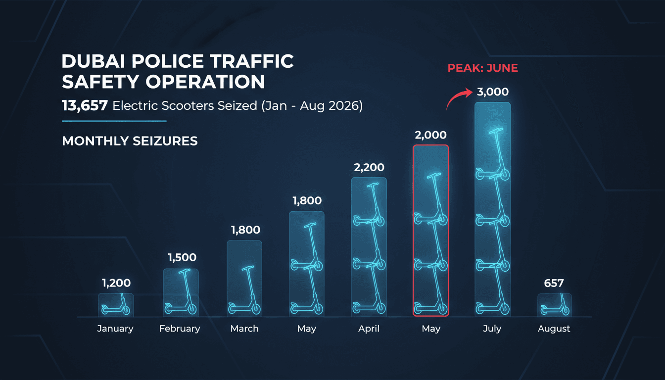Infographic showing the number of electric scooters seized by Dubai Police, highlighting safety regulations and enforcement efforts.