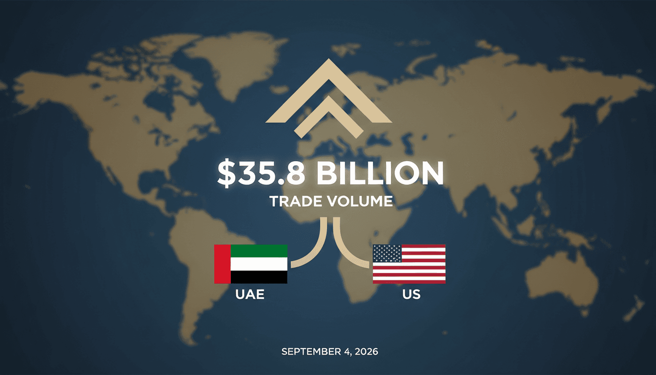 Infographic showing UAE and US trade volume of $35.8 billion, highlighting economic cooperation.