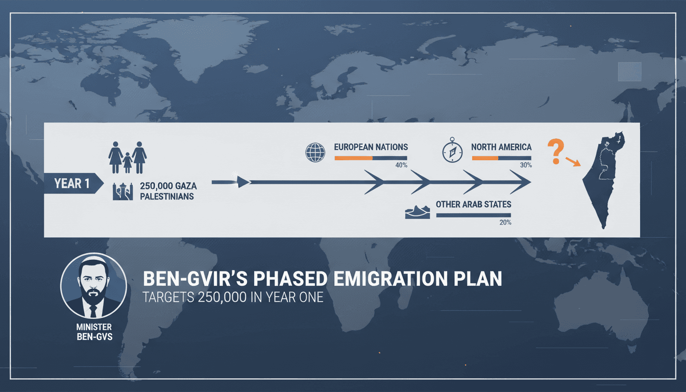 Infographic showing the timeline and destinations of Ben-Gvir's emigration plan for Gaza's Palestinian population.
