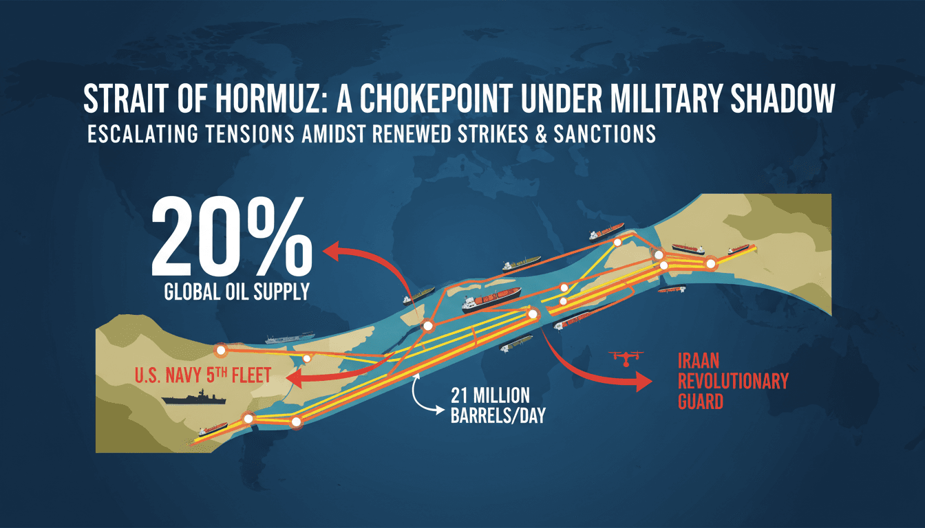 Map of the Strait of Hormuz showing oil supply routes and military presence related to Netanyahu's claims.