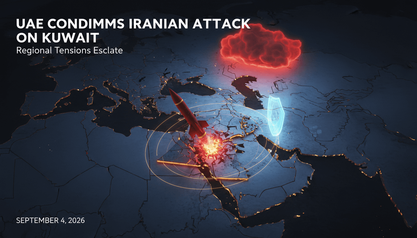 A graphic showing the UAE's condemnation of the Iranian missile and drone attack on Kuwait, emphasizing regional security concerns.