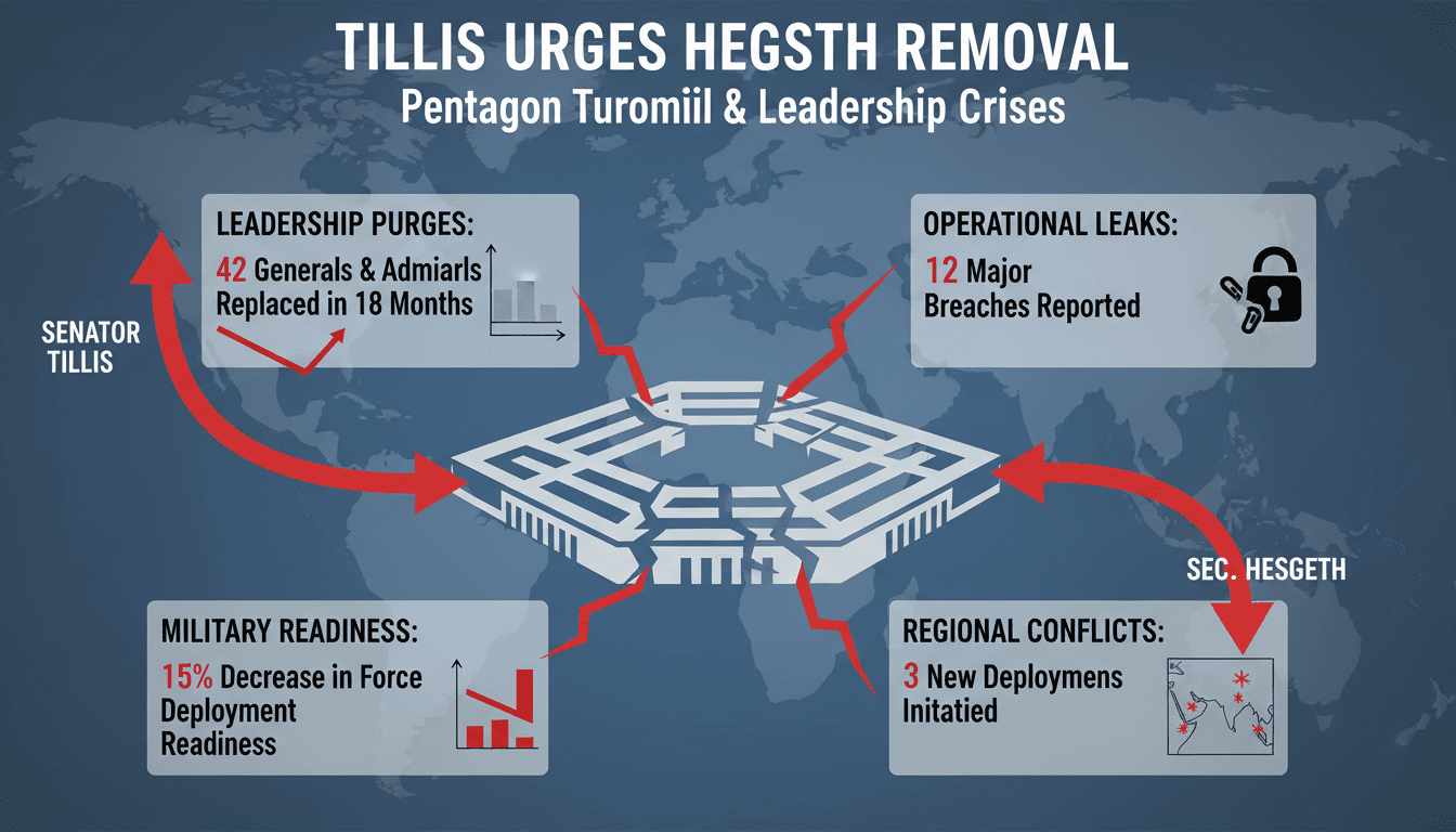 Infographic detailing Pete Hegseth's controversies at the Pentagon, including leadership changes and operational impacts.
