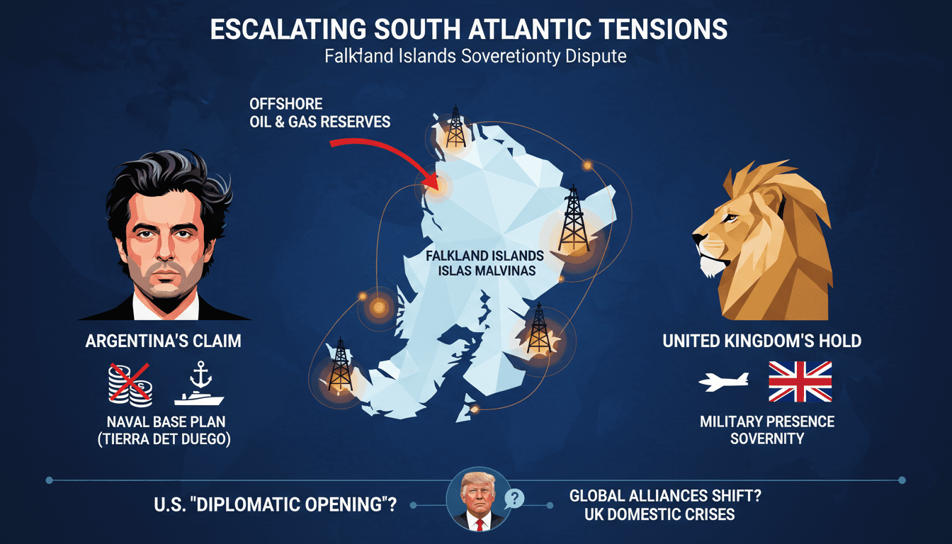 Map of the Falkland Islands highlighting oil reserves and Argentina's sovereignty claim escalation.