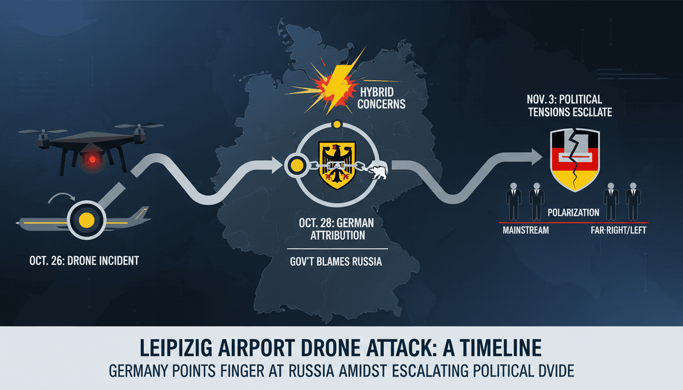 Infographic detailing the Leipzig Airport drone incident and its political ramifications in Germany.