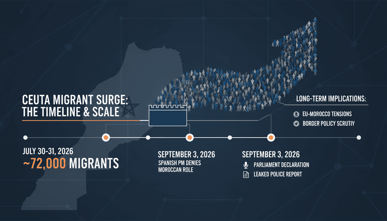 Infographic detailing the migrant surge into Ceuta, highlighting key statistics and events.