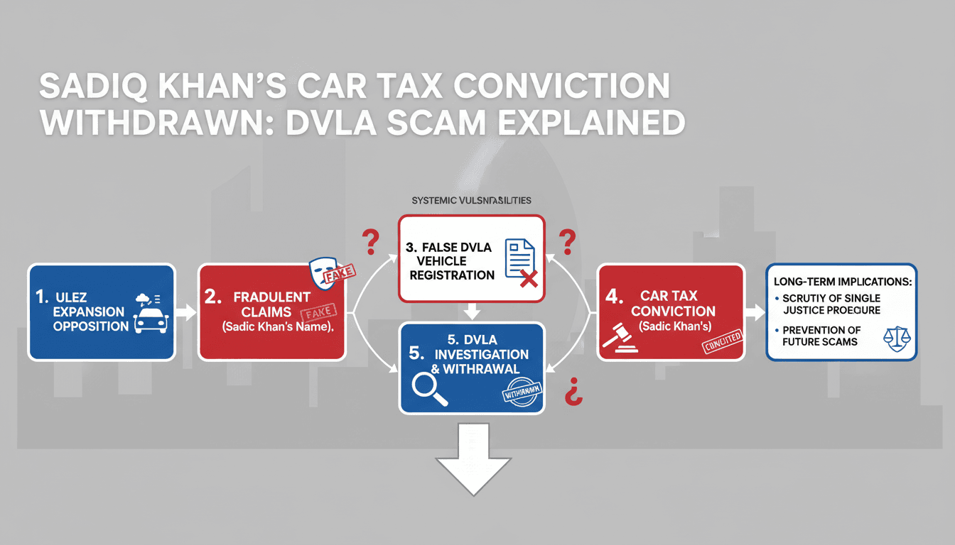 Flowchart showing the events leading to Sadiq Khan's car tax conviction withdrawal, highlighting systemic vulnerabilities.
