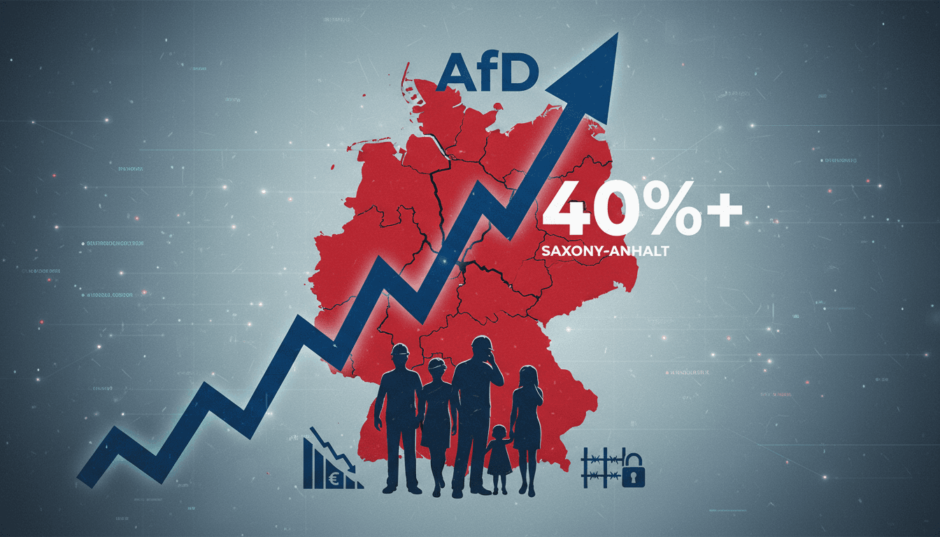 A graphic showing the rise of the AfD in Saxony-Anhalt, focusing on voter demographics and economic issues.