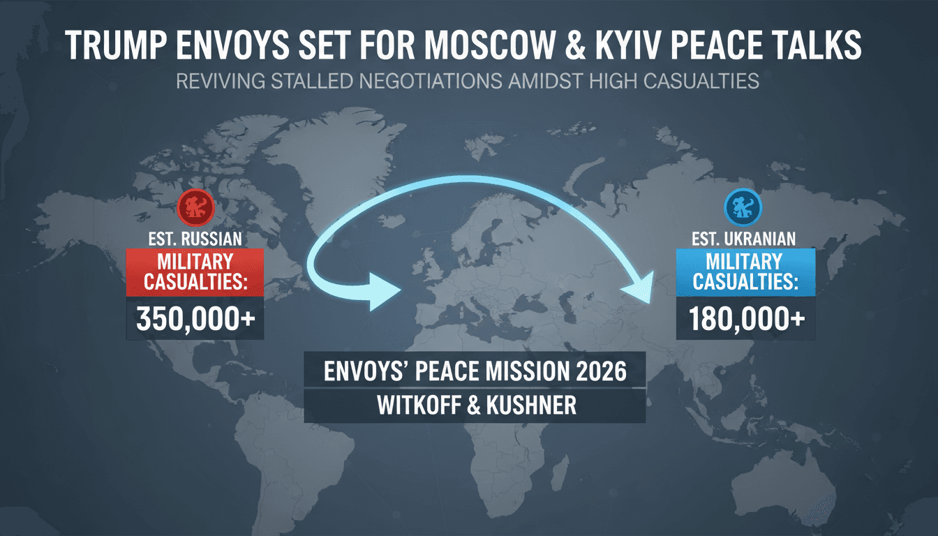 Envoys Witkoff and Kushner traveling to Moscow and Kyiv for peace negotiations in the Ukraine conflict.