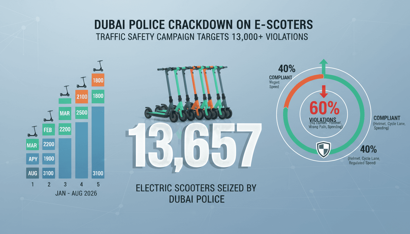 Infographic showing the number of electric scooters seized by Dubai Police and safety compliance statistics.