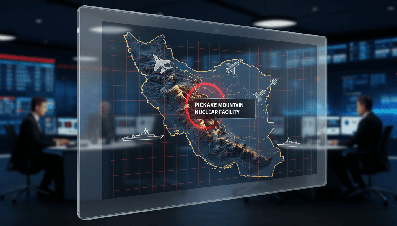 Map highlighting Iran's Pickaxe Mountain nuclear site with military icons and US President Trump's warning.