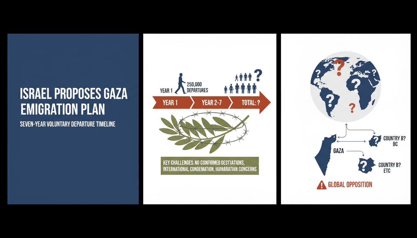 Infographic showing Ben-Gvir's seven-year emigration plan for Gaza residents and its implications.