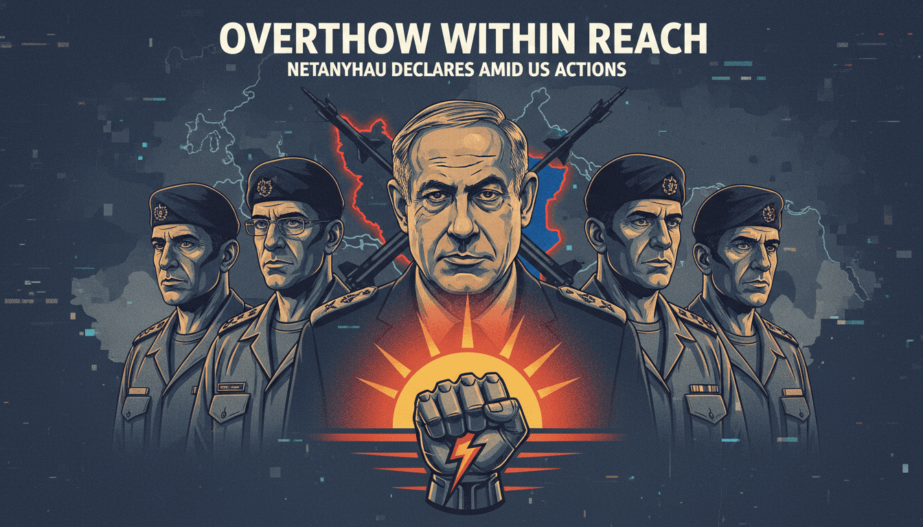 Netanyahu addressing military leaders, highlighting the goal of toppling Iran's regime amidst rising tensions.