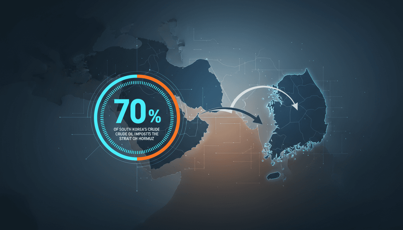 Infographic showing South Korea's crude oil imports through the Strait of Hormuz, emphasizing energy security.