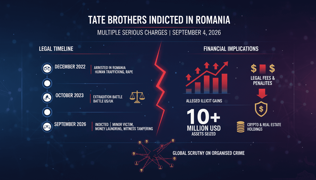 Infographic detailing the indictment of the Tate brothers for human trafficking and related offenses.