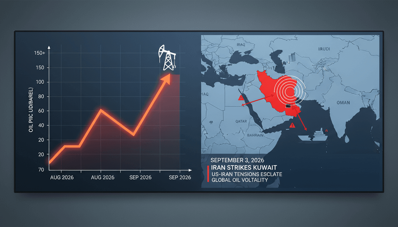A map of the Gulf region showing Iran and Kuwait with rising oil prices highlighted.