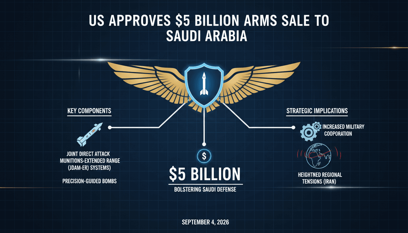 Infographic detailing the $5 billion JDAM-ER arms sale to Saudi Arabia, highlighting key components and strategic implications.