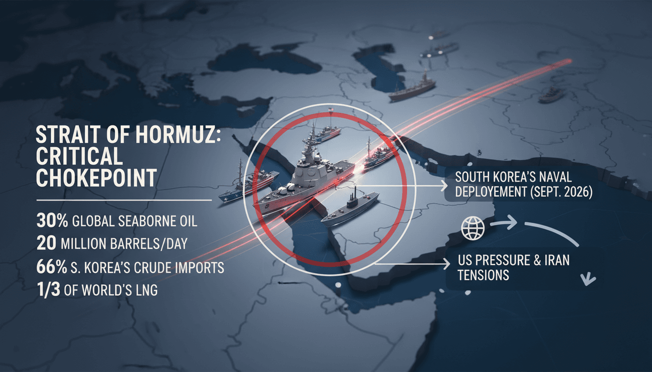 Map of the Strait of Hormuz showing potential South Korean naval deployment and its impact on global energy markets.