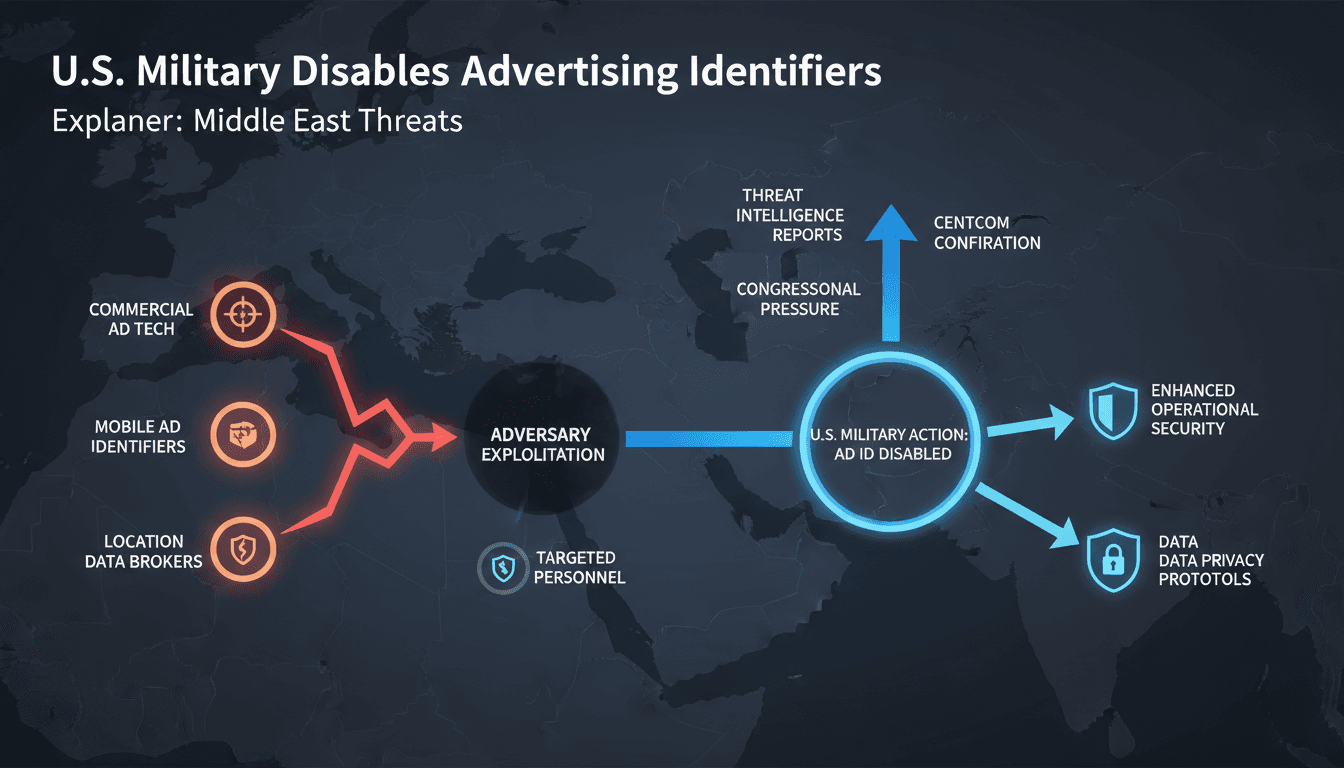 Diagram showing the disabling of ad trackers on U.S. military devices due to location data exploitation risks.