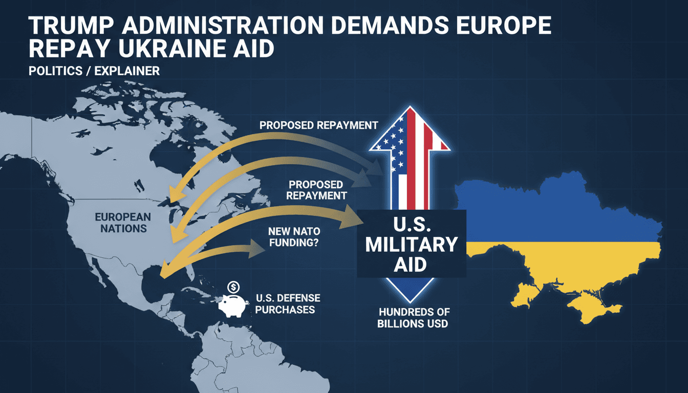 Infographic showing military aid flow from the U.S. to Ukraine and repayment dynamics with Europe.