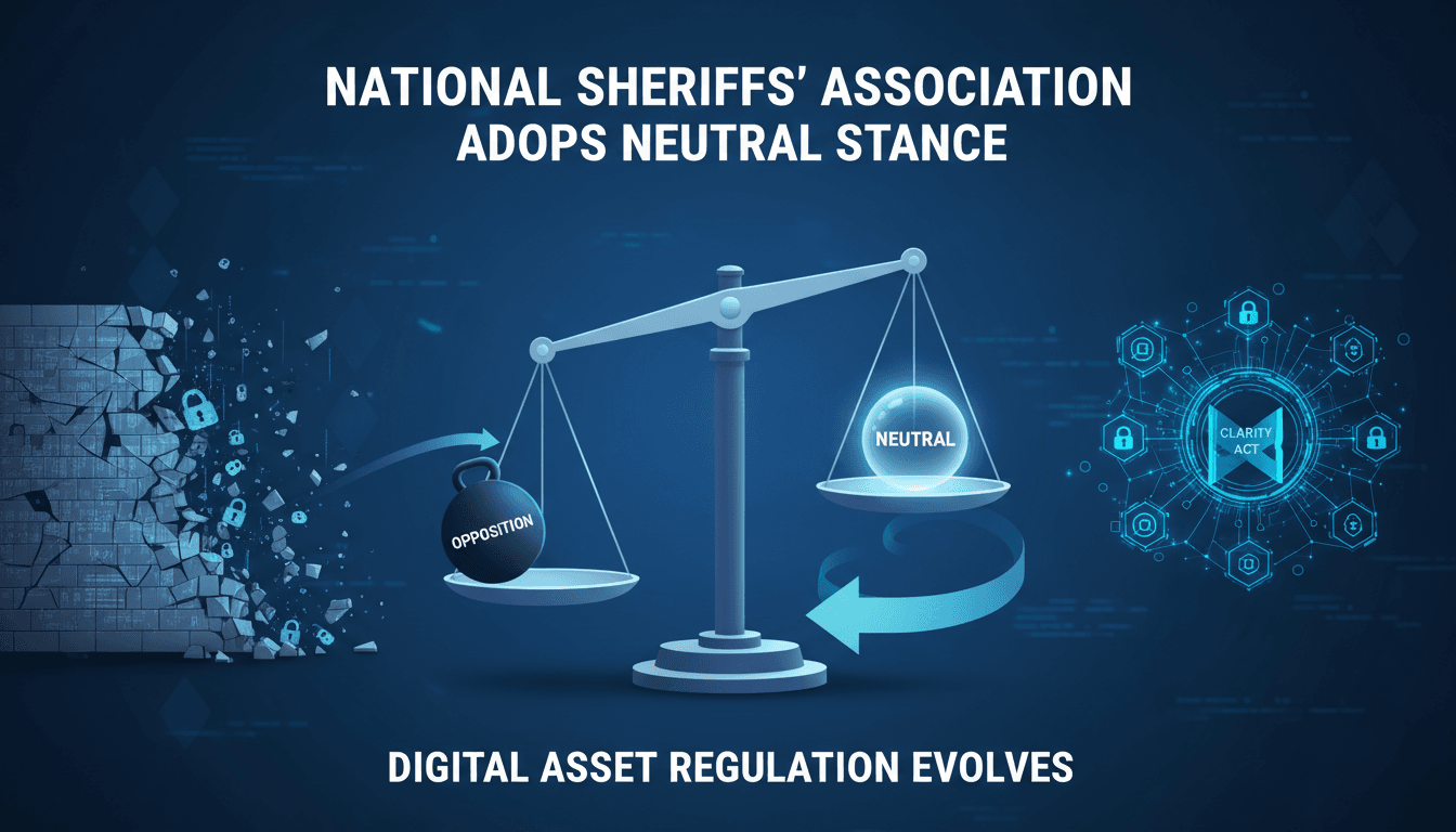 A graphic showing the National Sheriffs’ Association's neutral stance on the CLARITY Act and its implications for digital asset regulation.