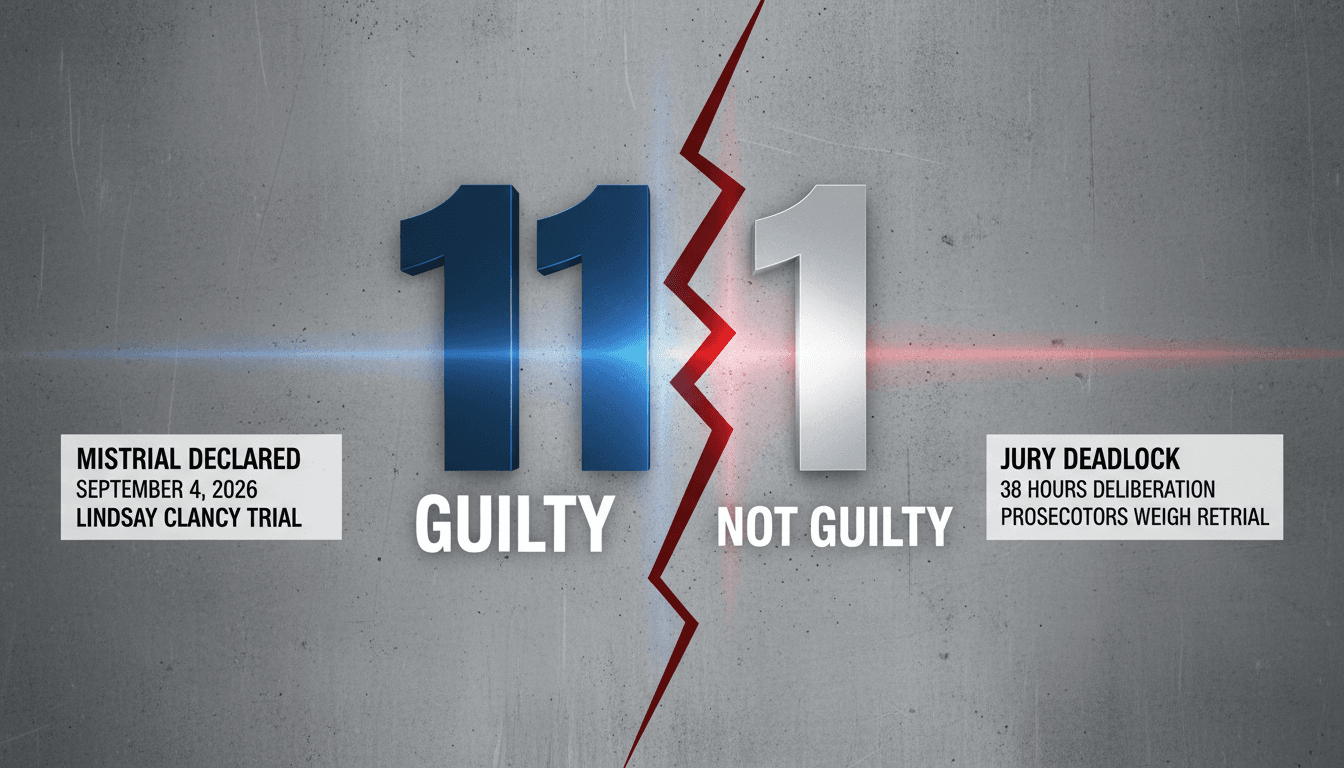 A courtroom scene depicting the Lindsay Clancy trial with emphasis on the jury's 11-1 split.