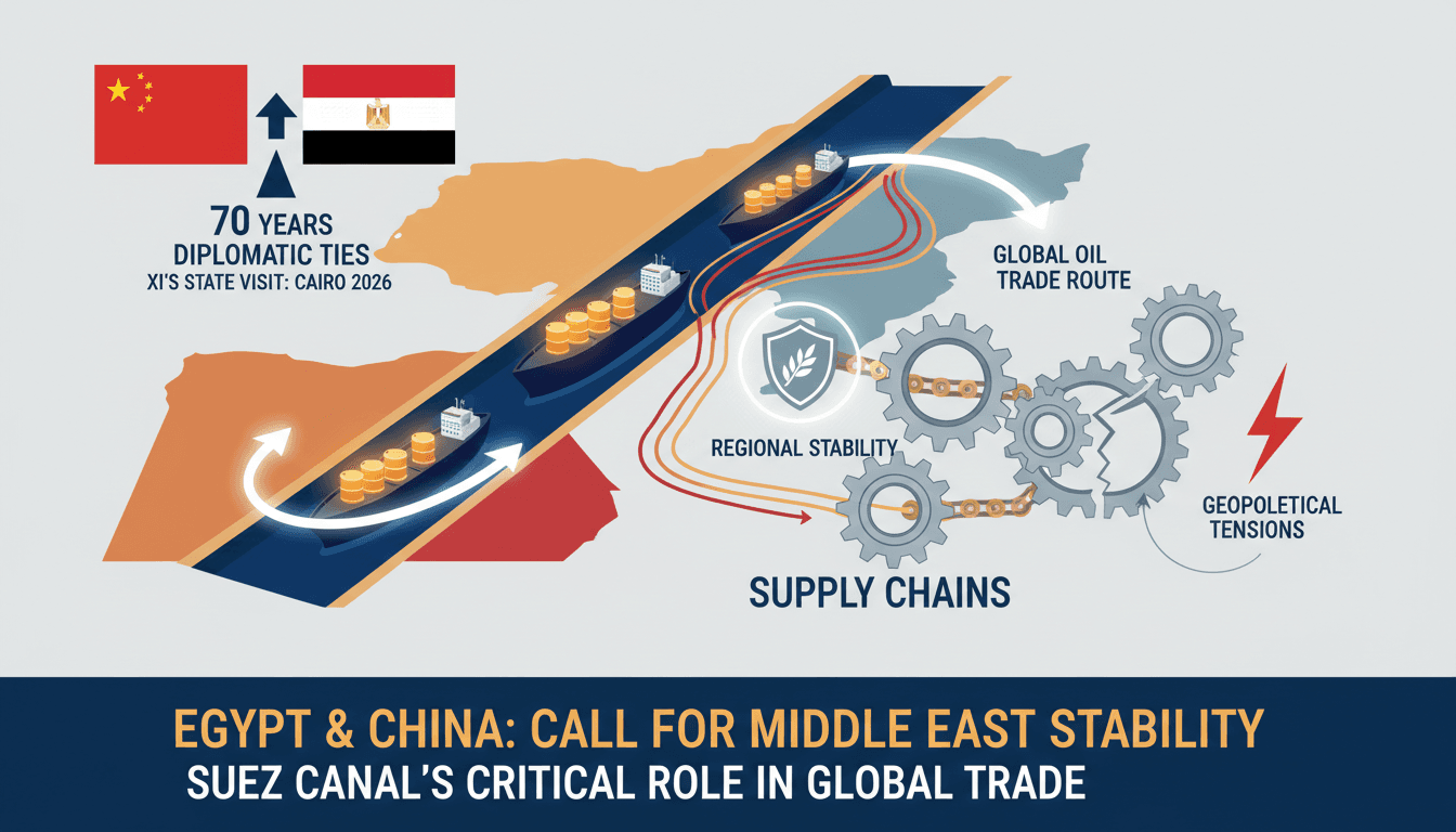 Infographic illustrating Egypt and China's call for regional stability and its impact on global trade routes.