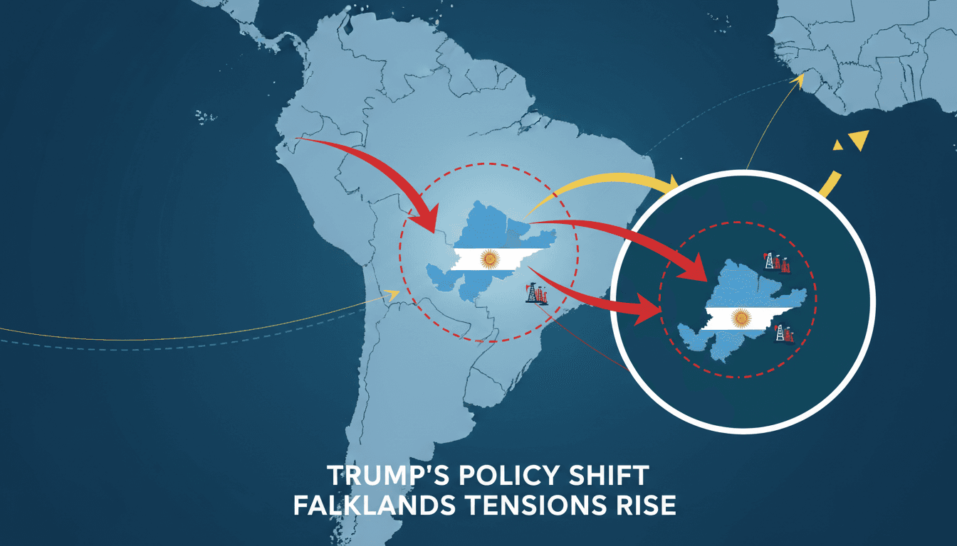 A geopolitical map showing the Falkland Islands, U.S. and UK territories, and oil exploration zones.