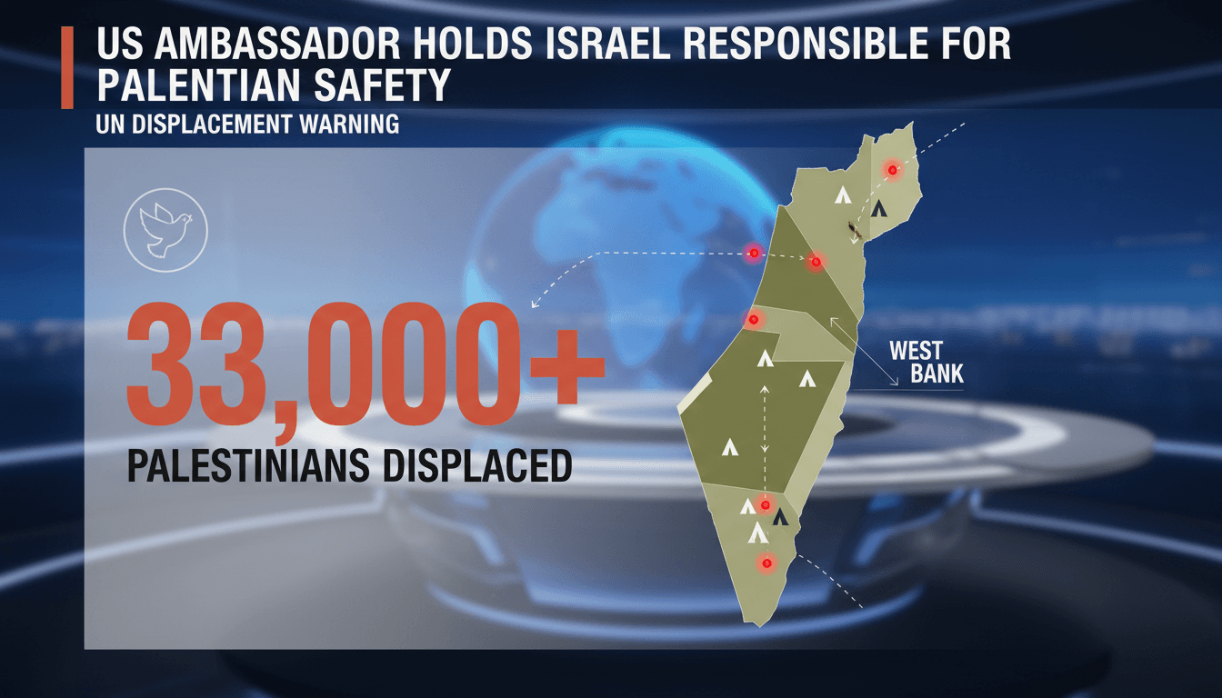 A map highlighting the West Bank refugee camps affected by forced displacement, with a focus on humanitarian concerns.