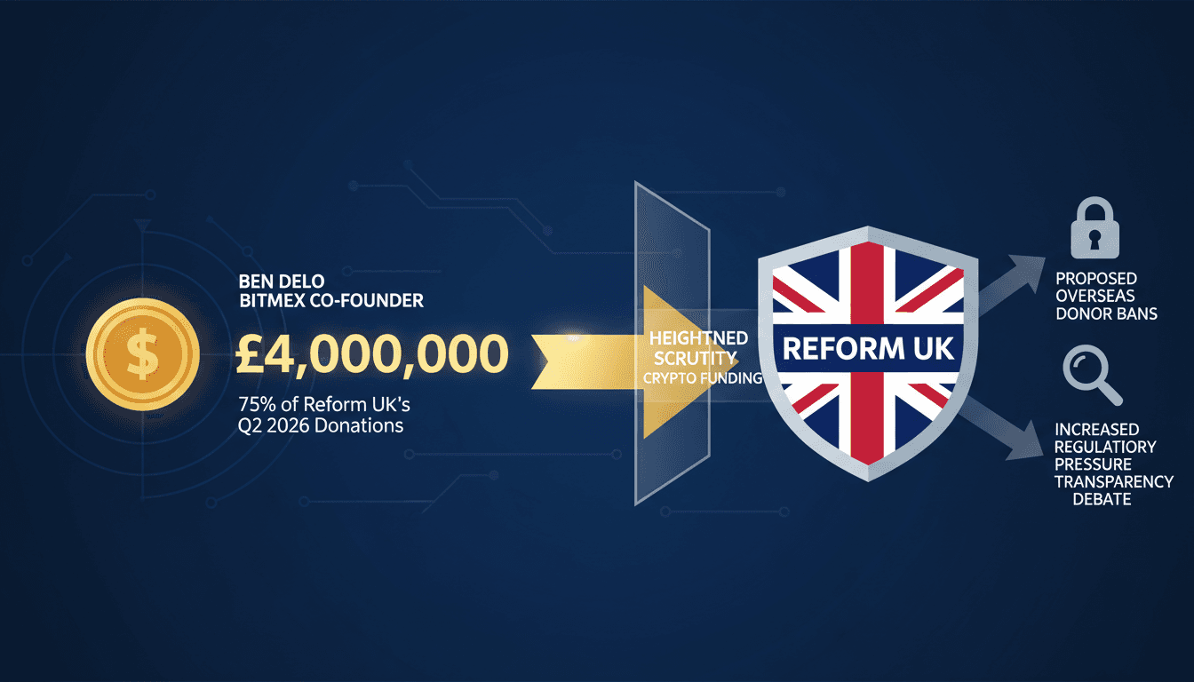 Infographic showing Ben Delo's £4 million donation to Reform UK and its implications for political funding transparency.